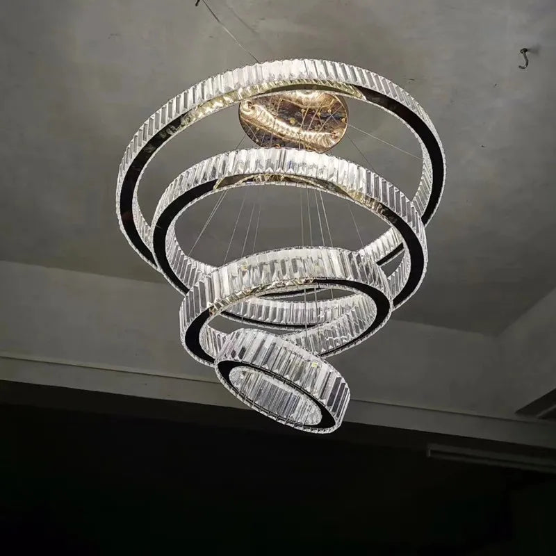 DecorBites™ Crystal LED Chandelier: Luxury Modern Ring Stair Hanging Lamp for Living Room Decor