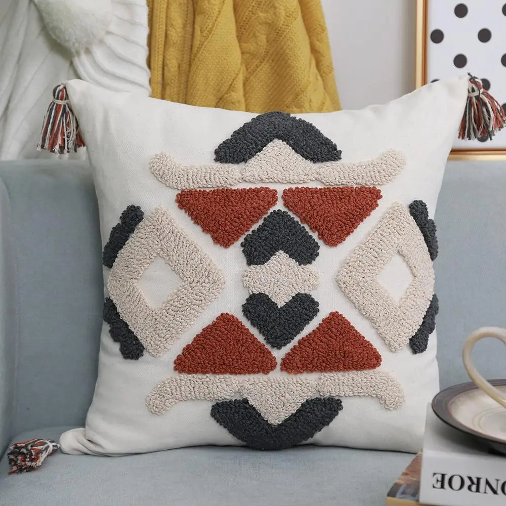 DecorBites™ Boho Style Embroidered Pillow Cover with Tassels for Living Room & Bedroom