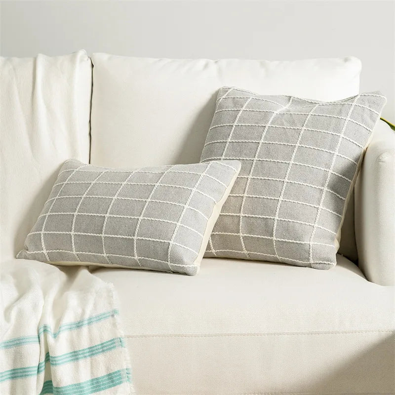 DecorBites™ Cotton Woven Check Yellow Grey Ivory Cushion Cover for Home Living Room