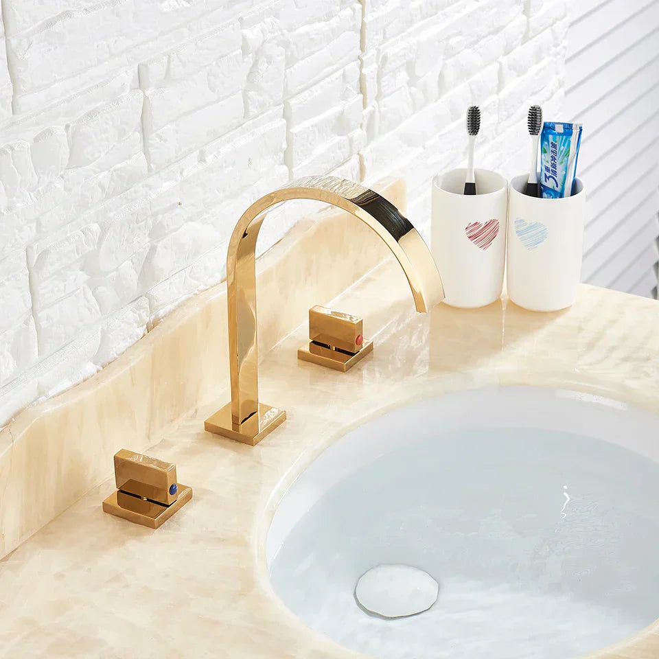 DecorBites™ Dual Handle Gold Basin Faucet - Deck Mounted Hot/Cold Water Mixer Tap