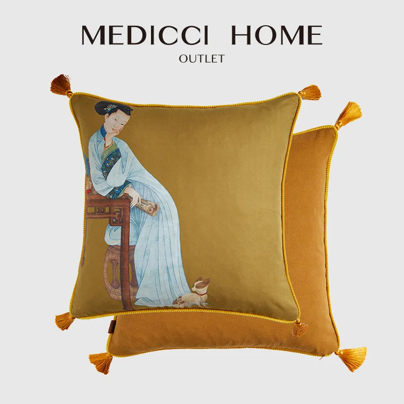 DecorBites™ Chinese Classical Women Print Cushion Cover with Tassels