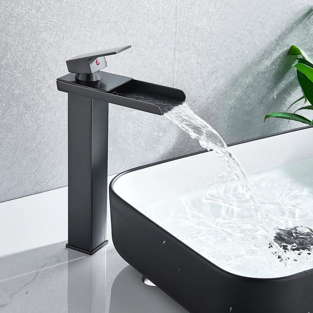 DecorBites™ Brushed Nickel Single Lever Waterfall Basin Faucet - Deck Mounted Brass Mixer