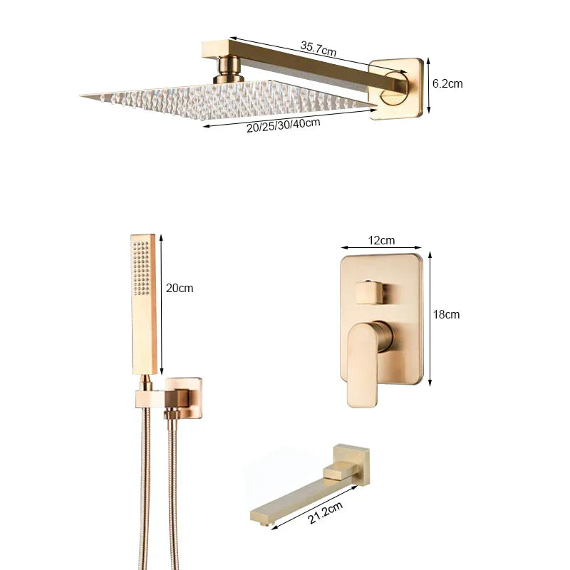 DecorBites™ Brushed Gold Ultra-Thin Rainfall Shower Faucet with Wall Mount 8’‘-16’‘ Head