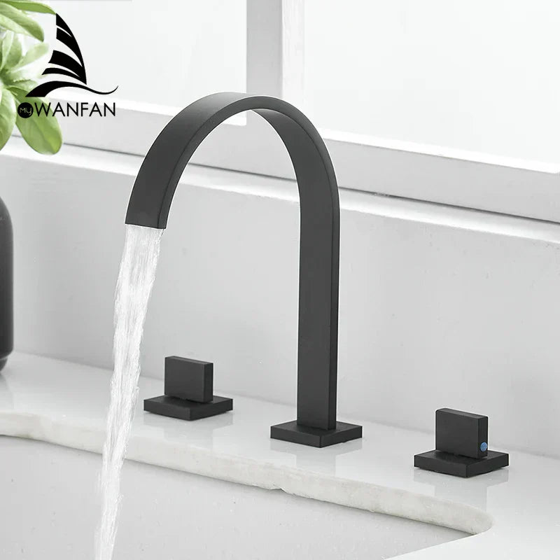 DecorBites™ Black Brass Deck Mounted Bathroom Sink Faucet Double Handle Hot/Cold Tap
