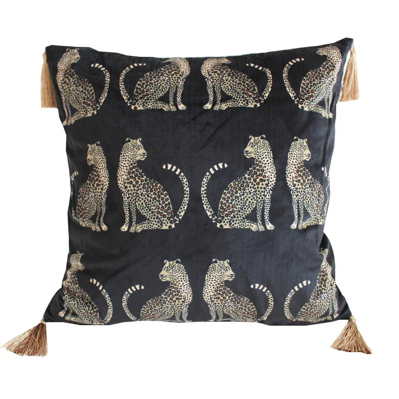 DecorBites™ Leopard Cheetah Print Fringed Cushion Cover in Dark Green, Burgundy, Black