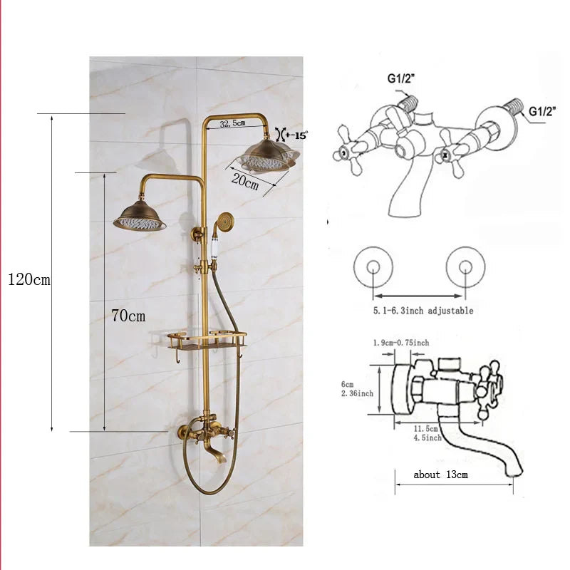 DecorBites™ Brass Shower Faucet Mixer Set with 8" Rainfall Head, Storage Shelf, and Hooks