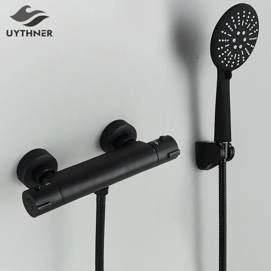 DecorBites™ Black/Chrome Brass Thermostatic Shower Set with Wall Mount - Bathroom Accessories