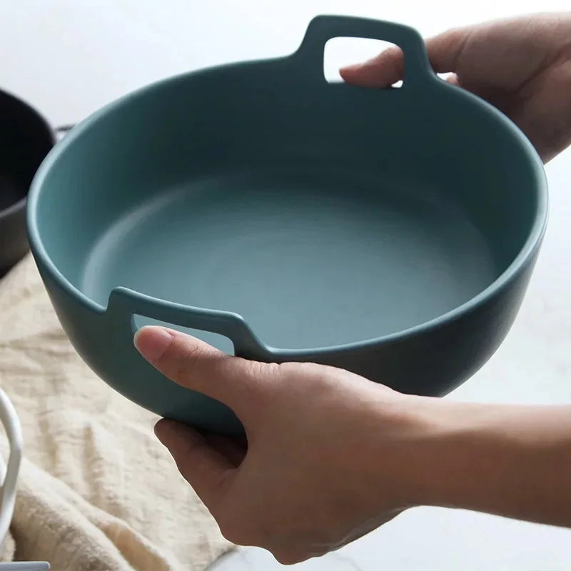 DecorBites™ Ceramic Double Handle Salad Bowl | Deep Porcelain Serving Dish