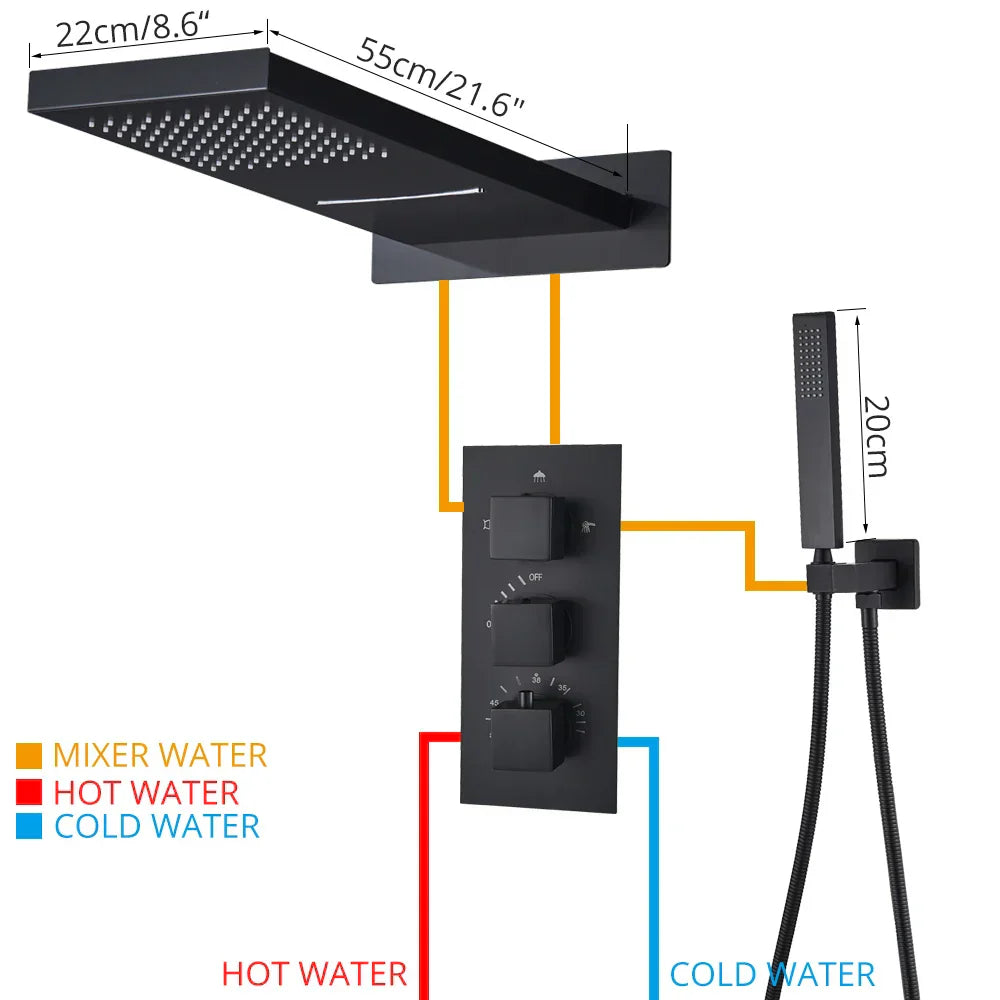 DecorBites™ Black Thermostatic Waterfall Rainfall Shower Faucet with Handshower