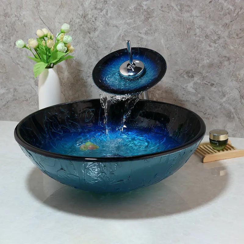 DecorBites™ Blue Tempered Glass Basin Sink Set with Faucet for Bathroom Counter Top