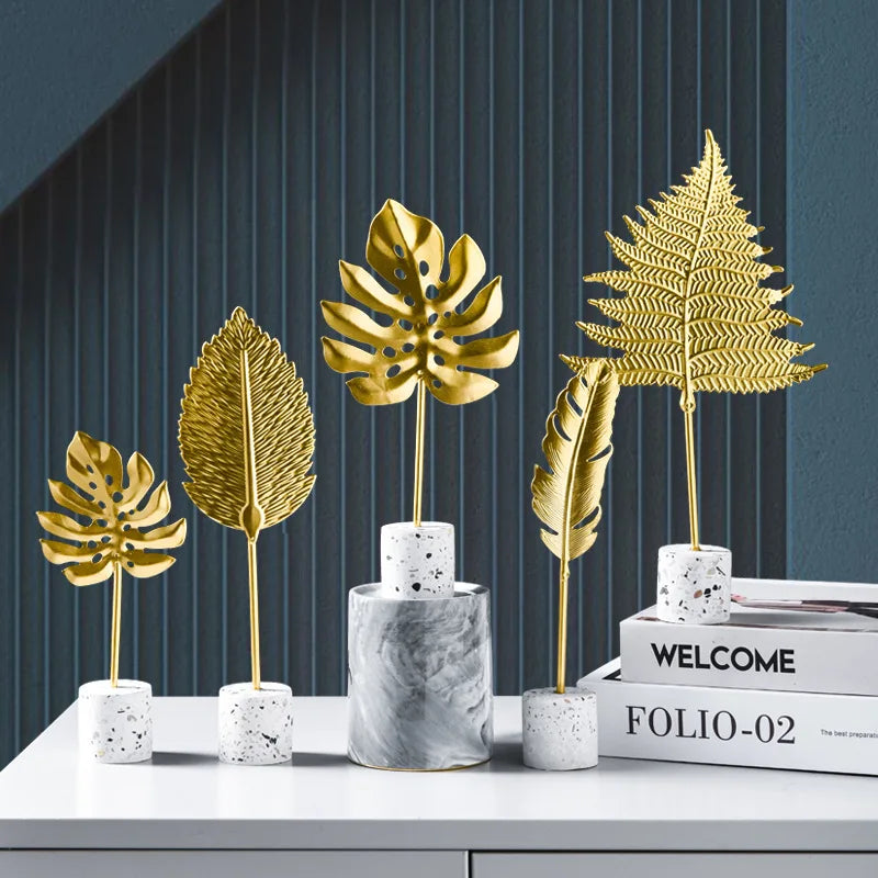 DecorBites™ Gold Leaf Decorations on Marble Base - Creative Metal Crafts for Home Decor