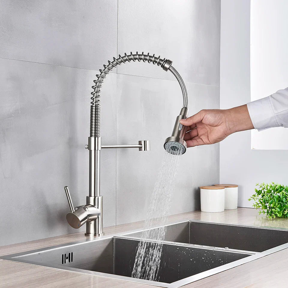 DecorBites™ Brushed Nickel Pull Down Kitchen Faucet - 360° Rotation Hot Cold Water Mixer