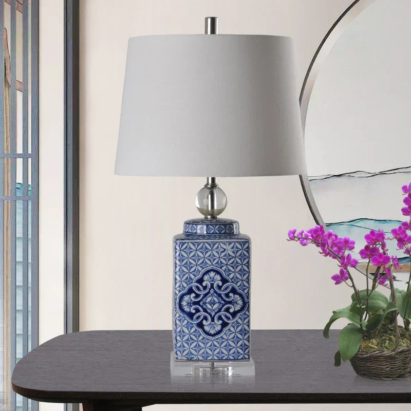 DecorBites™ Blue White Porcelain Table Lamp Hat-Covered Jar Bedroom Living Room