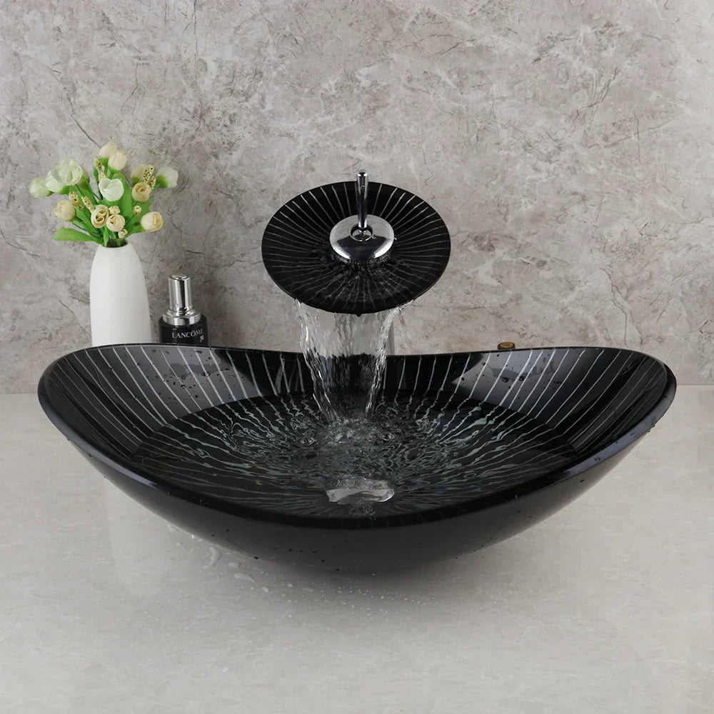 DecorBites™ Black Glass Bathroom Sink Set with Hand Painted Design & Waterfall Faucet