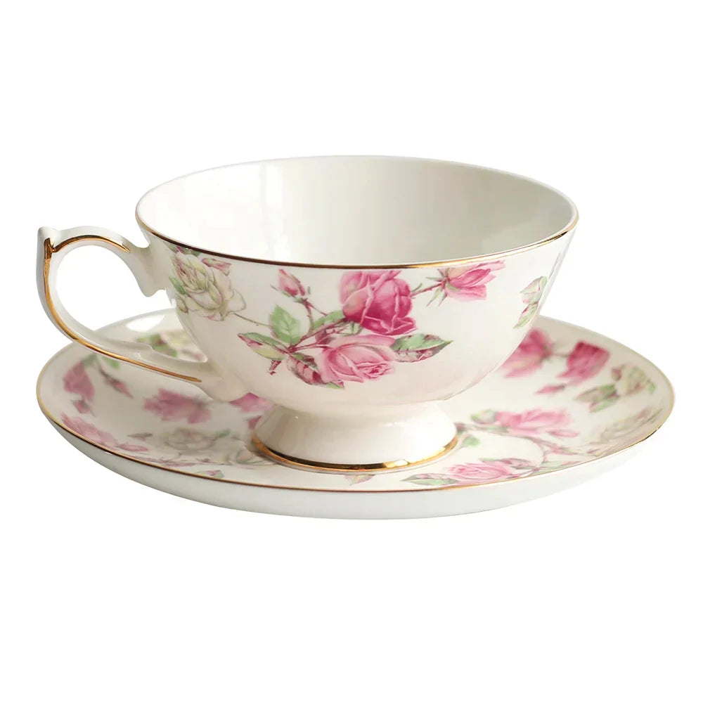 DecorBites™ Bone China Tea Cup Set, Flowers Teacup & Snack Dish for Office Drinkware