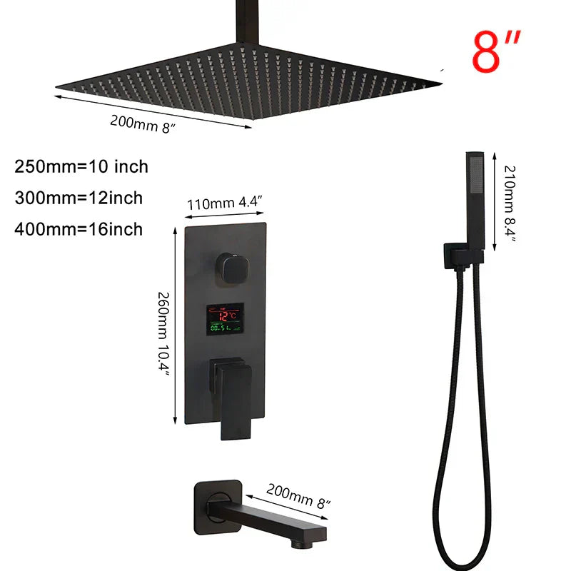 DecorBites™ Black Digital Shower Faucet, Matte Black Finish, Thermostatic Temperature Display