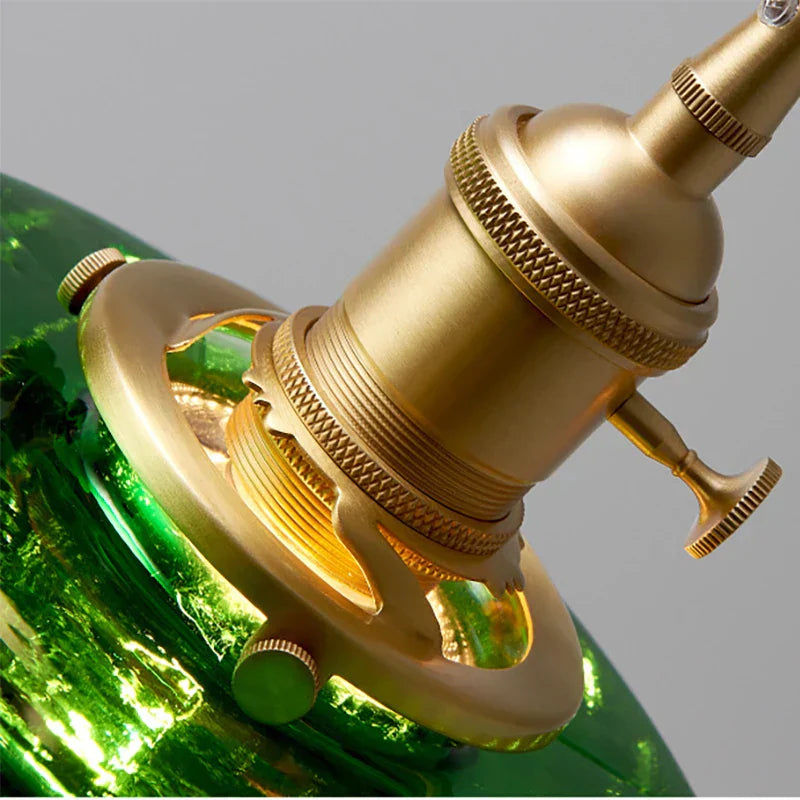 DecorBites™ Green Glass LED Chandelier: Minimalist Brass Hanging Lights