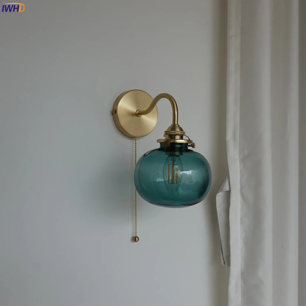 DecorBites™ Blue Glass Ball Wall Lights Pull Chain Switch LED Sconce for Home Bedroom