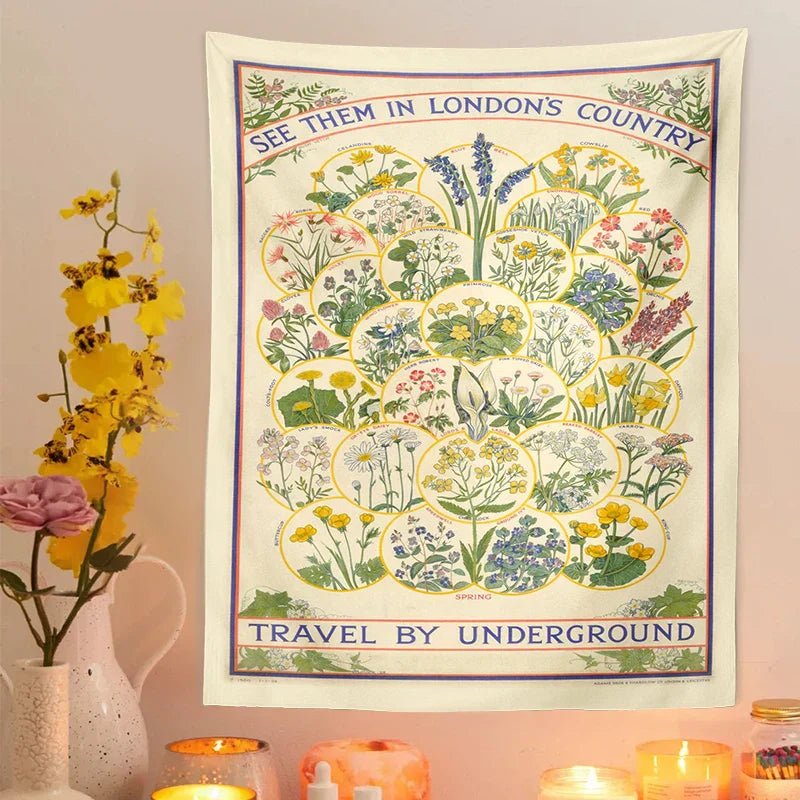 DecorBites™ Botanical Wildflower Tapestry Wall Hanging Floral Print Identification Chart Wall Art