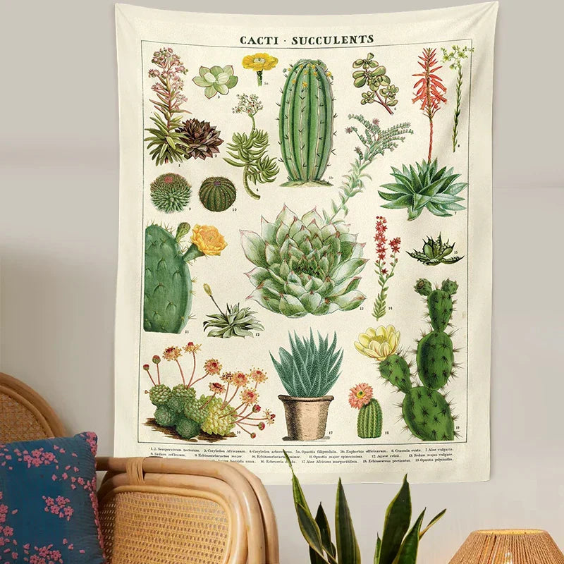 DecorBites™ Cactus Tapestry Wall Hanging: Retro Succulents Mushroom Chart Hippie Boho Decor