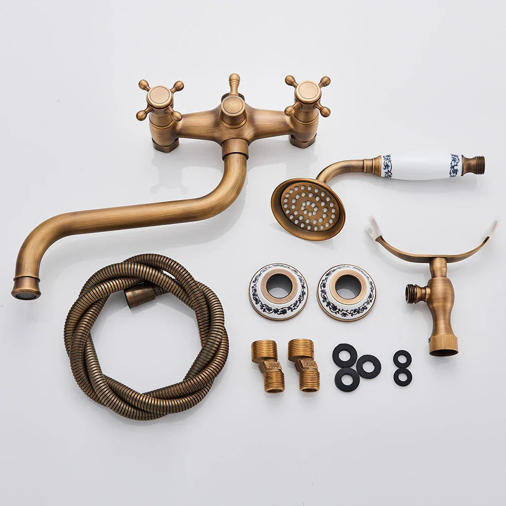 DecorBites™ Brass Antique Tub Faucet with Long Spout, Rotate Handle and Handshower