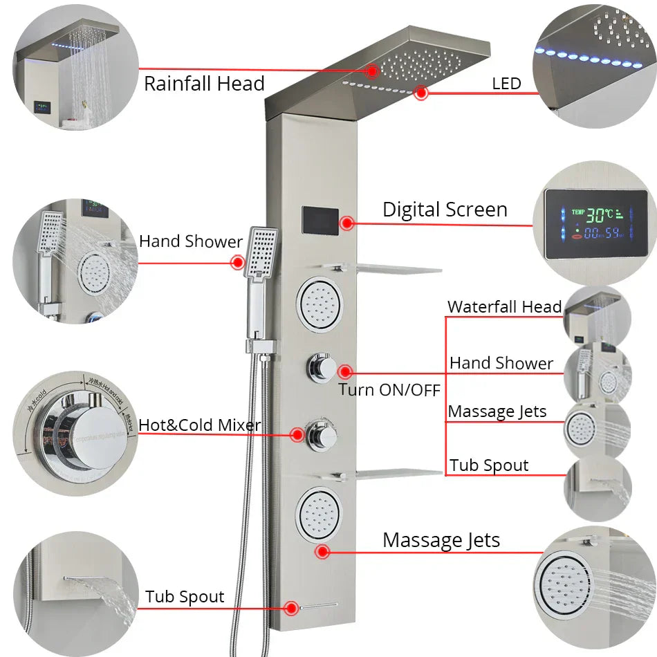 DecorBites™ LED Rainfall Shower Panel Set with Temperature Screen System and Hand Sprayer