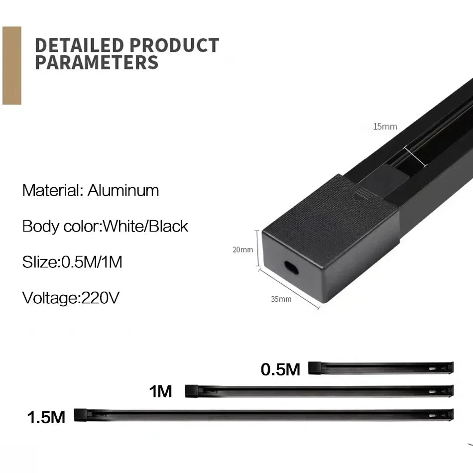 DecorBites™ 1m Black White Aluminum 2-Wire Connector Track Rail Spotlight Fitting