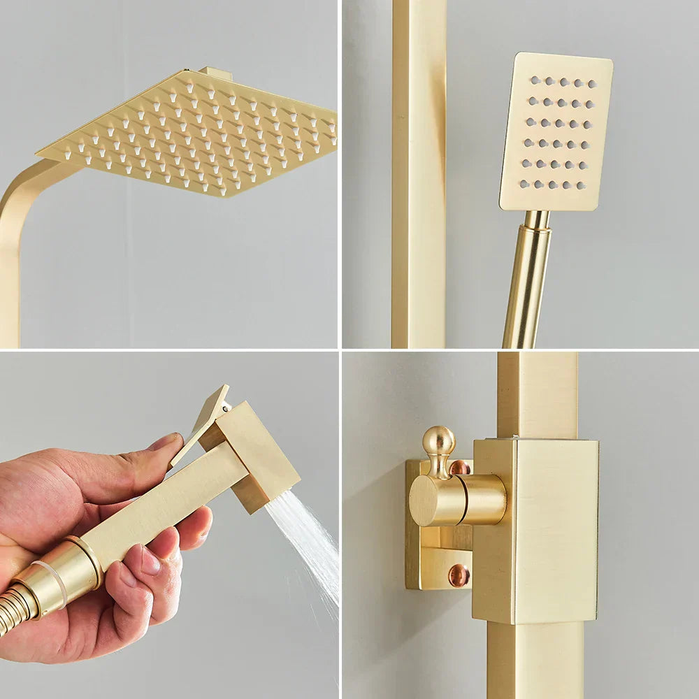 DecorBites™ Brushed Gold 4-Way Brass Shower Set with Bidet Mixer Tap