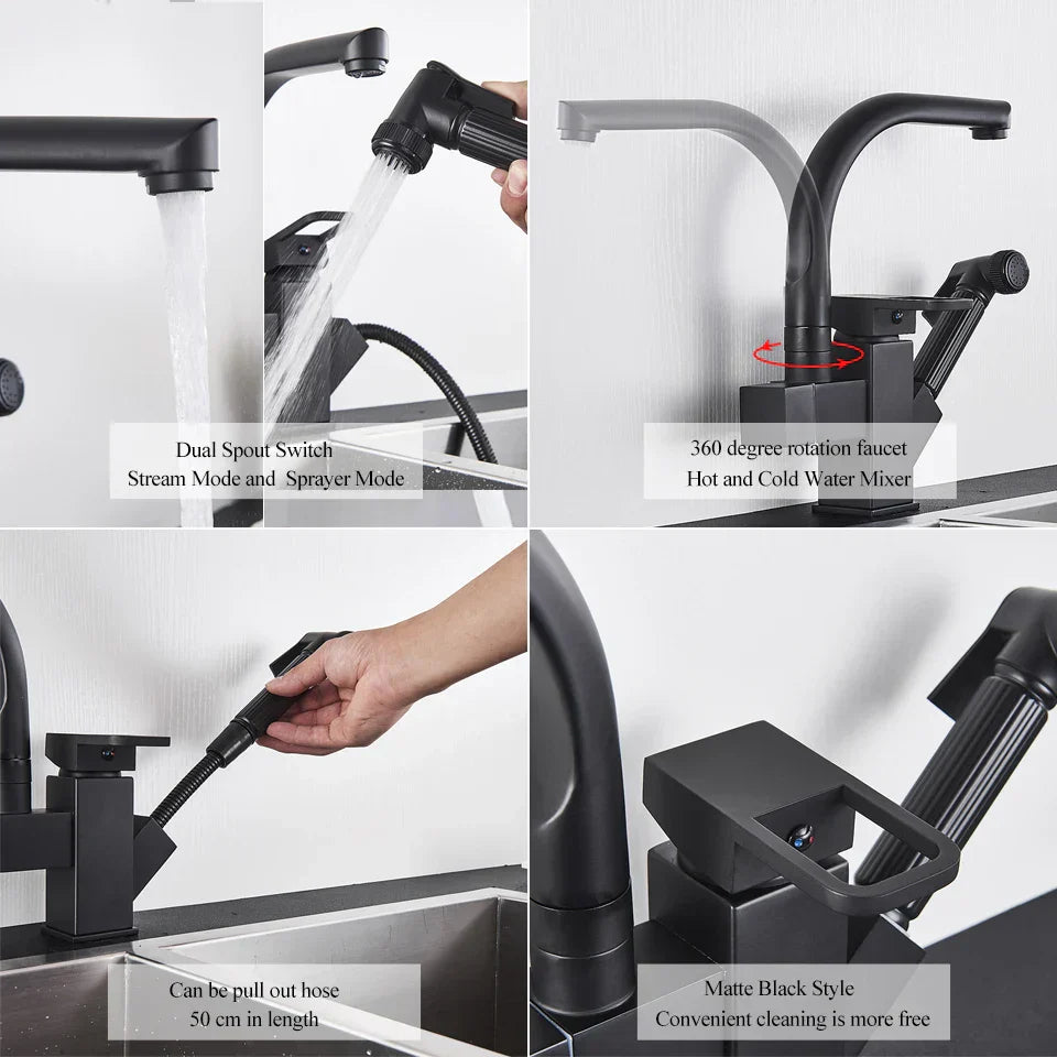 DecorBites™ Dual Spout Black Kitchen Faucet with Pull Out Spray Mixer
