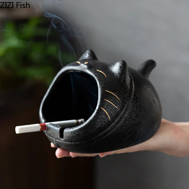 DecorBites™ Cartoon Cat Ceramic Ashtray for Household, Living Room - Large Capacity, Anti-Fly Ash