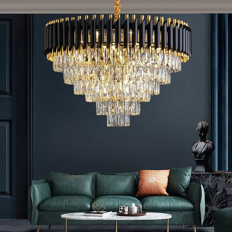 DecorBites™ Black Gold Metal LED Chandelier Living Room Dining Modern Lustre Crystal Hanging Lamp