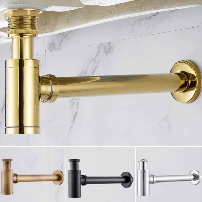 DecorBites™ Brass Basin Wast Drain P-trap for Bathroom Sink - Black/Brushed Gold/Chrome