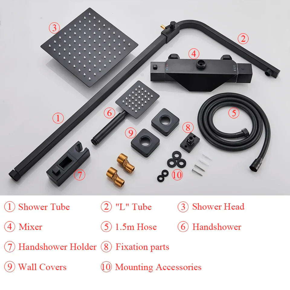 DecorBites™ Black Thermostatic Rain Shower Faucet Set for Wall Mounted Bathrooms