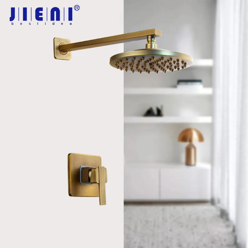DecorBites™ 8" Antique Brass Round Wall Mounted Bathroom Shower Faucet Set with Rainfall Head & Hand Shower
