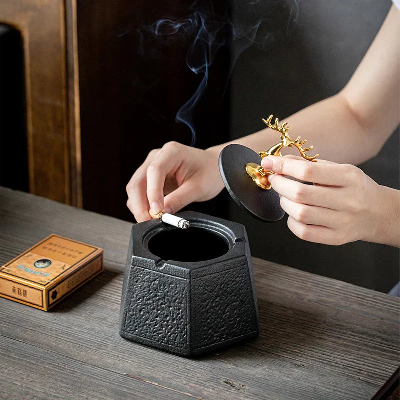 DecorBites™ Black Pottery Ashtray with Cover: Stylish, Large Capacity Ceramic Ashtray