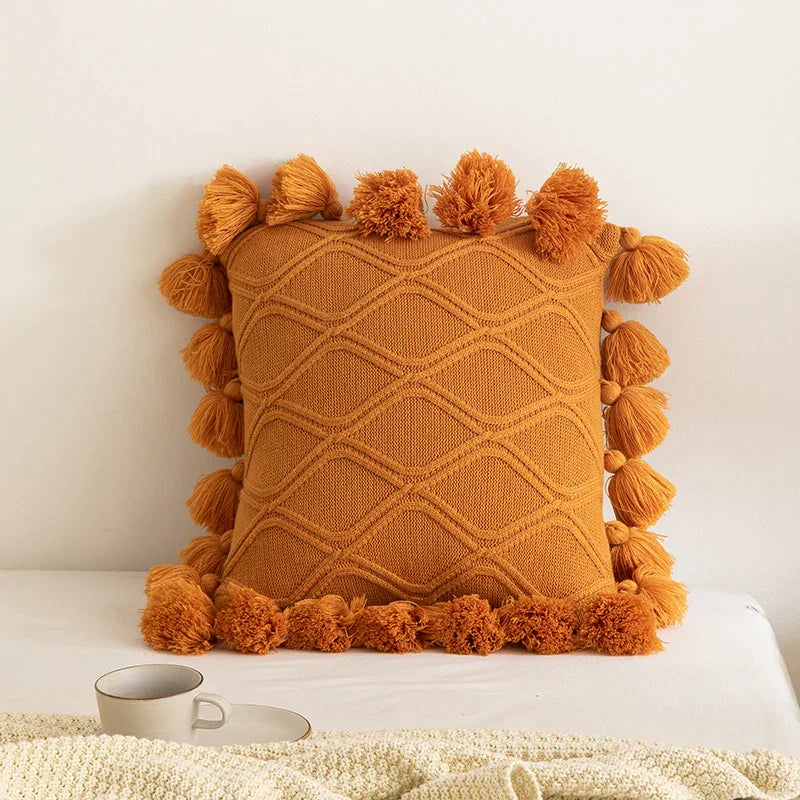 DecorBites™ Boho Style Ivory Green Pink Tassles 45x45cm Cushion Cover for Home Decoration