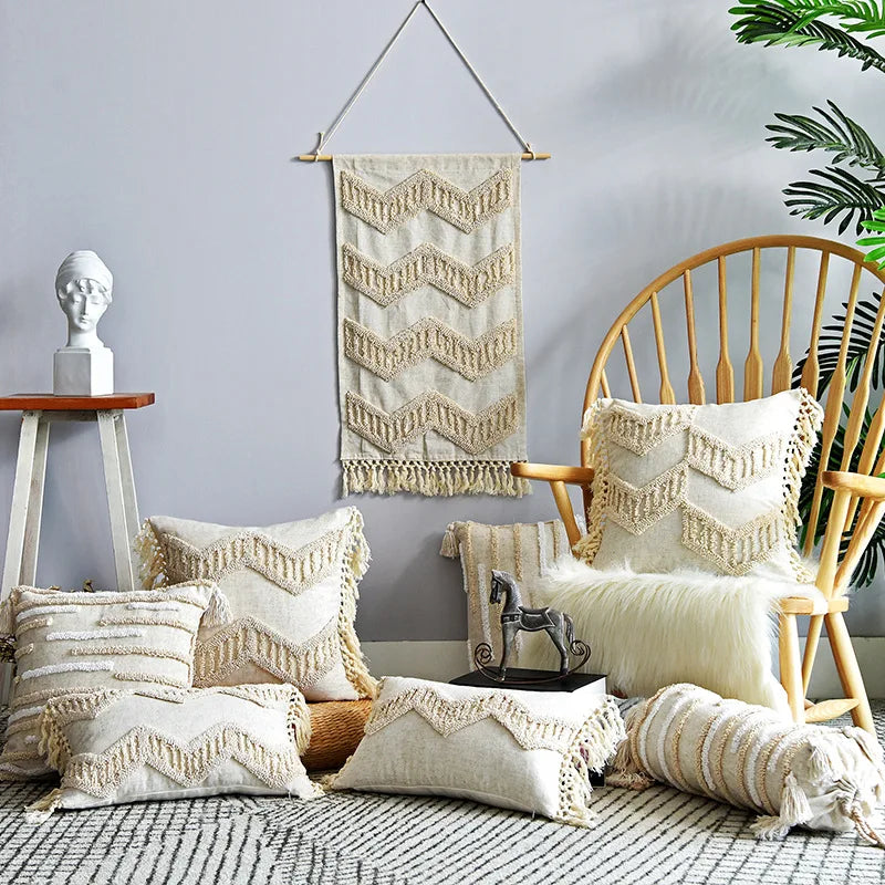 DecorBites™ Boho Style Tufted Tassles Cotton Linen Cushion Cover for Home Sofa Bed