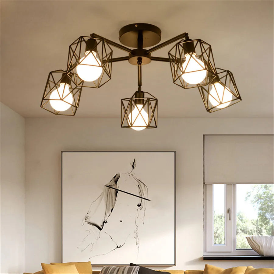 DecorBites™ Black Iron Cage Chandelier: Adjustable Spider Design Modern Ceiling Lamp