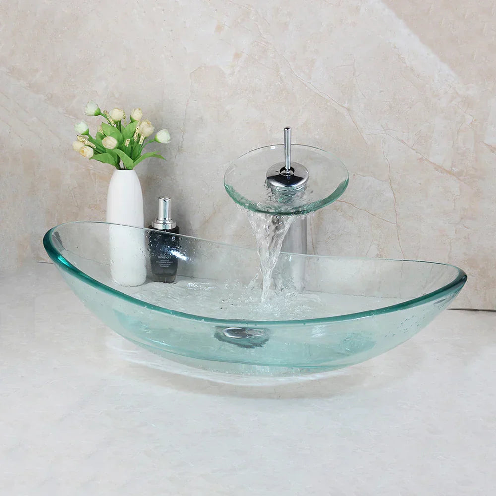 DecorBites™ Glass Waterfall Tap Hand-Painted Basin Mixer Faucet Chrome Lavatory Sink