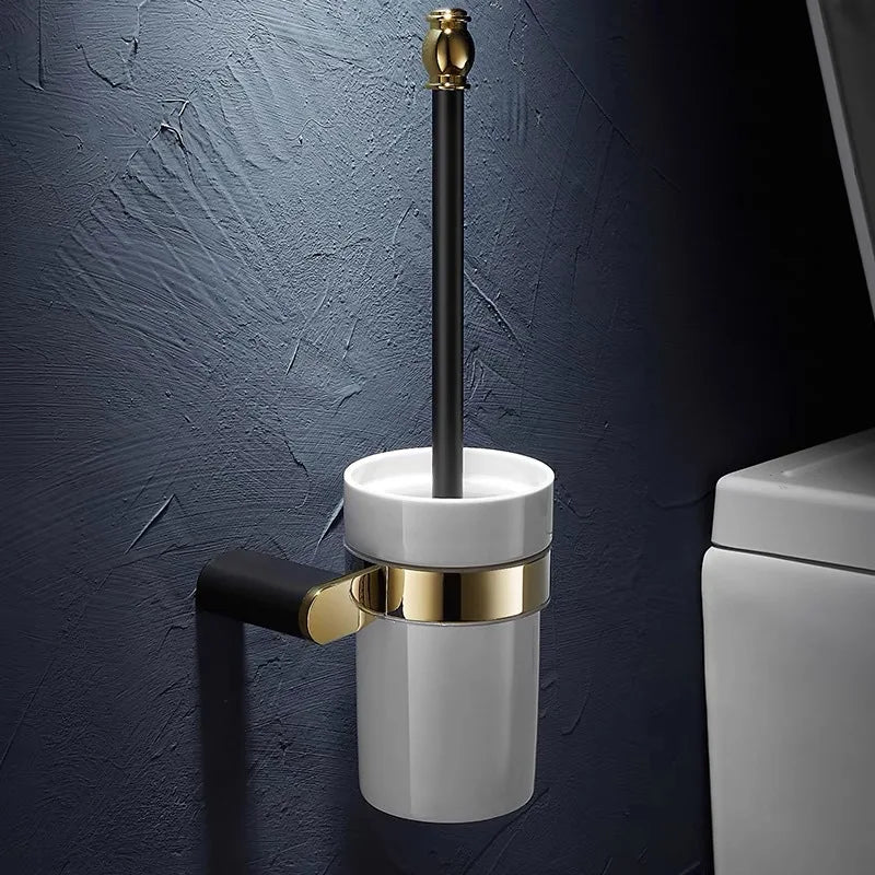 DecorBites™ Gold & Black Bathroom Set - Shelf, Towel Rack, Holder, Brush Holder & More