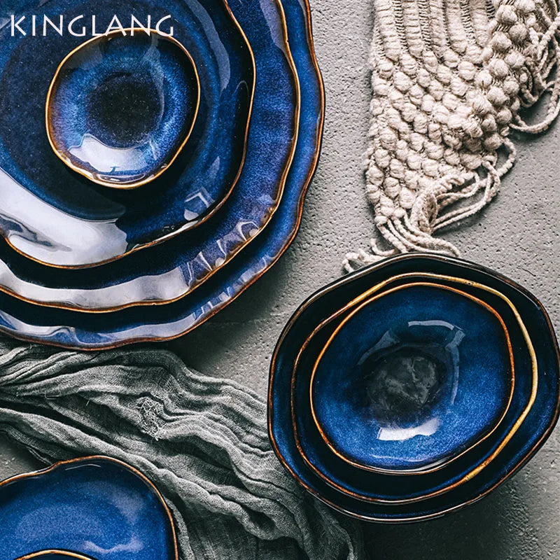 DecorBites™ Irregular Shape Ceramic Dinner Set - Blue Color - Eco-Friendly Bowls - KL-265