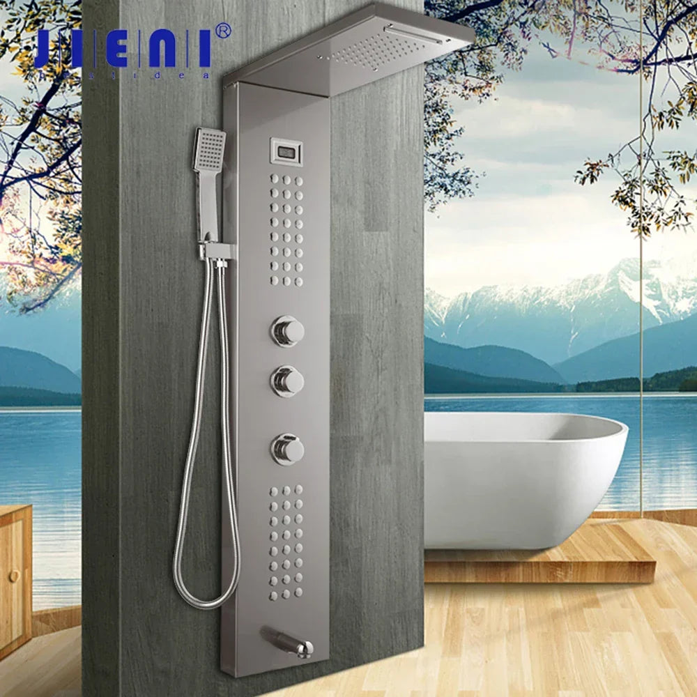 DecorBites™ Brushed Nickel Shower Column with Hand Shower, Tub Spout, and Massage System