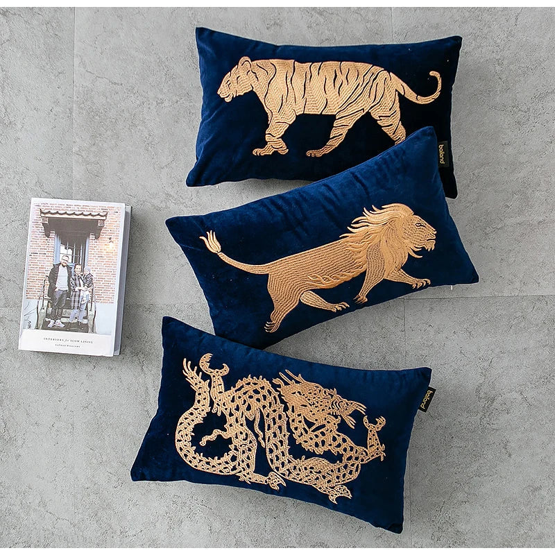 DecorBites™ Chinese Dragon Embroidery Lumbar Pillow Cover Gold