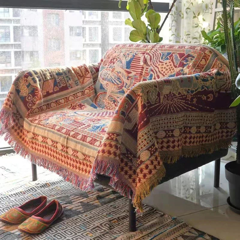 DecorBites™ Bohemian Knitted Sofa Cover with Tassels - Soft Double Sided Couch Blanket