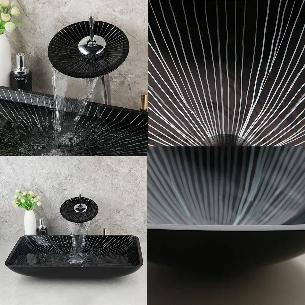 DecorBites™ Black Glass Bathroom Sink Set with Hand Painted Design & Waterfall Faucet