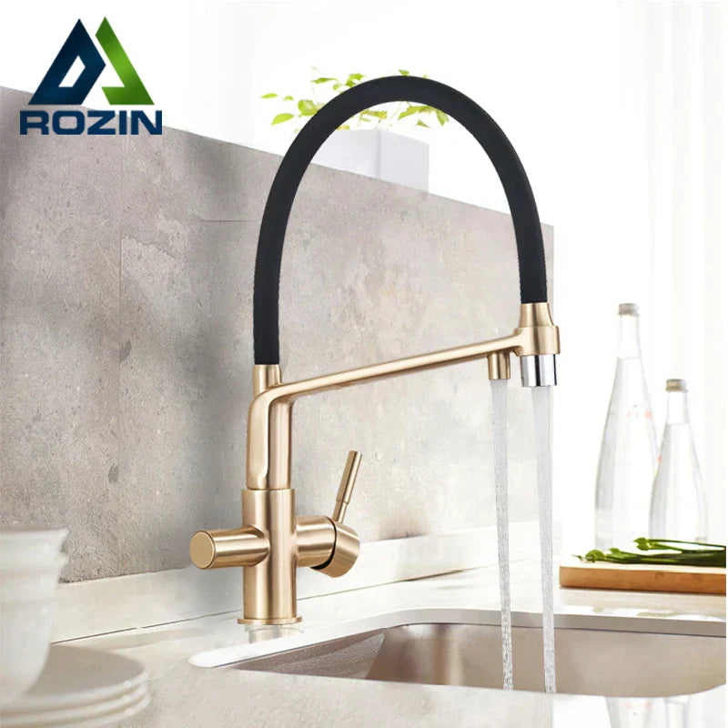 DecorBites™ Brushed Gold Swivel Kitchen Faucet with Purification Function