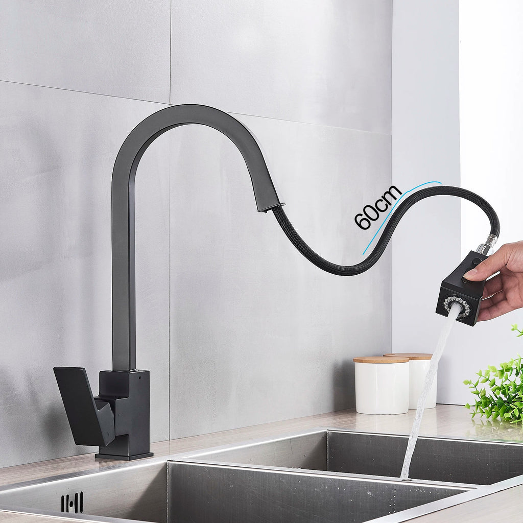 DecorBites™ Black Kitchen Faucet Pull Out Mixer Square Single Handle Deck Mounted Tap