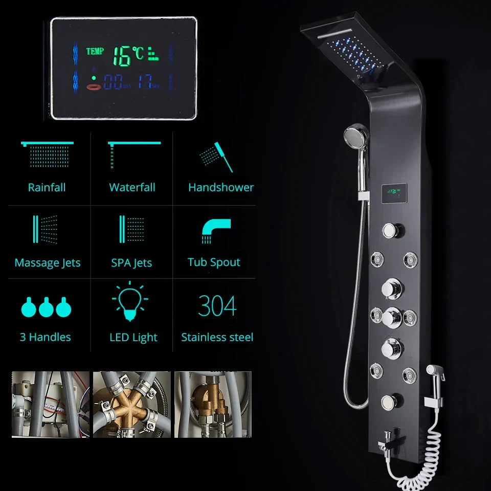 DecorBites™ LED Rainfall Shower Panel System with Temperature Screen