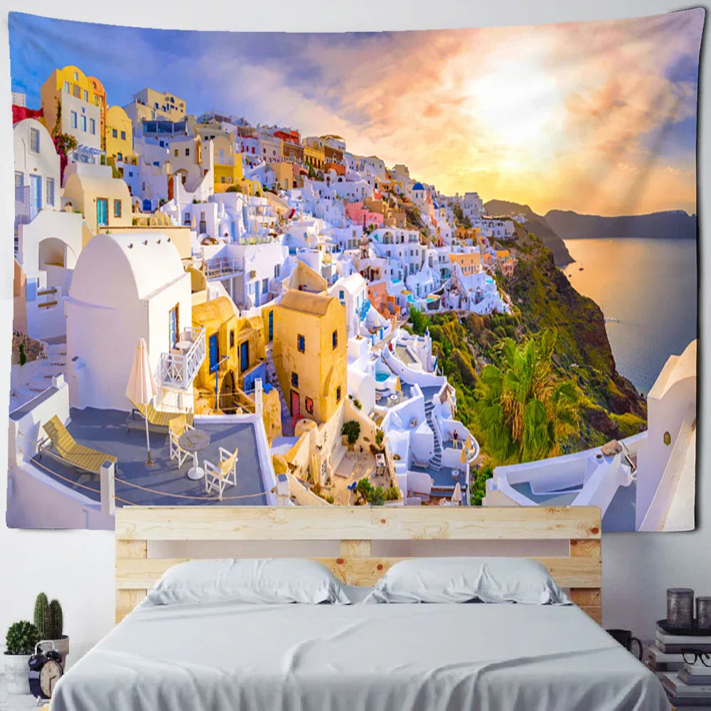 DecorBites™ Castle Village Sunset Tapestry Wall Hanging - Fantasy City Landscape Wall Art