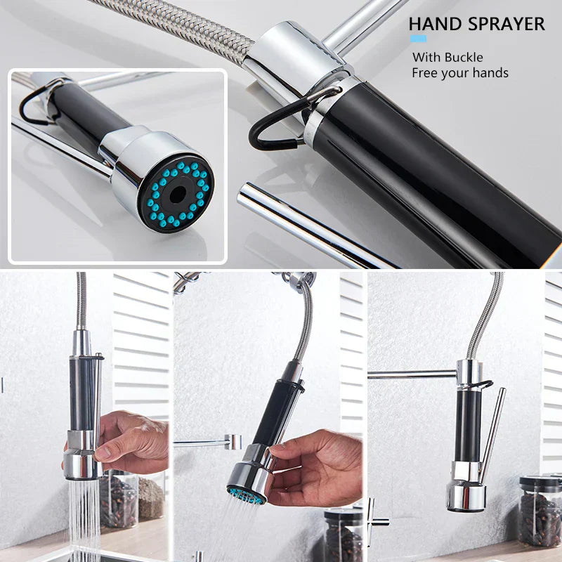 DecorBites™ Black Wall-Mounted Kitchen Faucet with Swivel Spout and Dual Handles